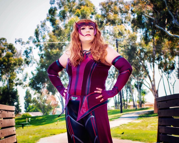 Curvy woman in a Scarlet witch costume