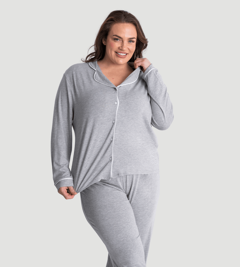 Marl Grey Oversized Jersey Piping Detail Long PJ Set