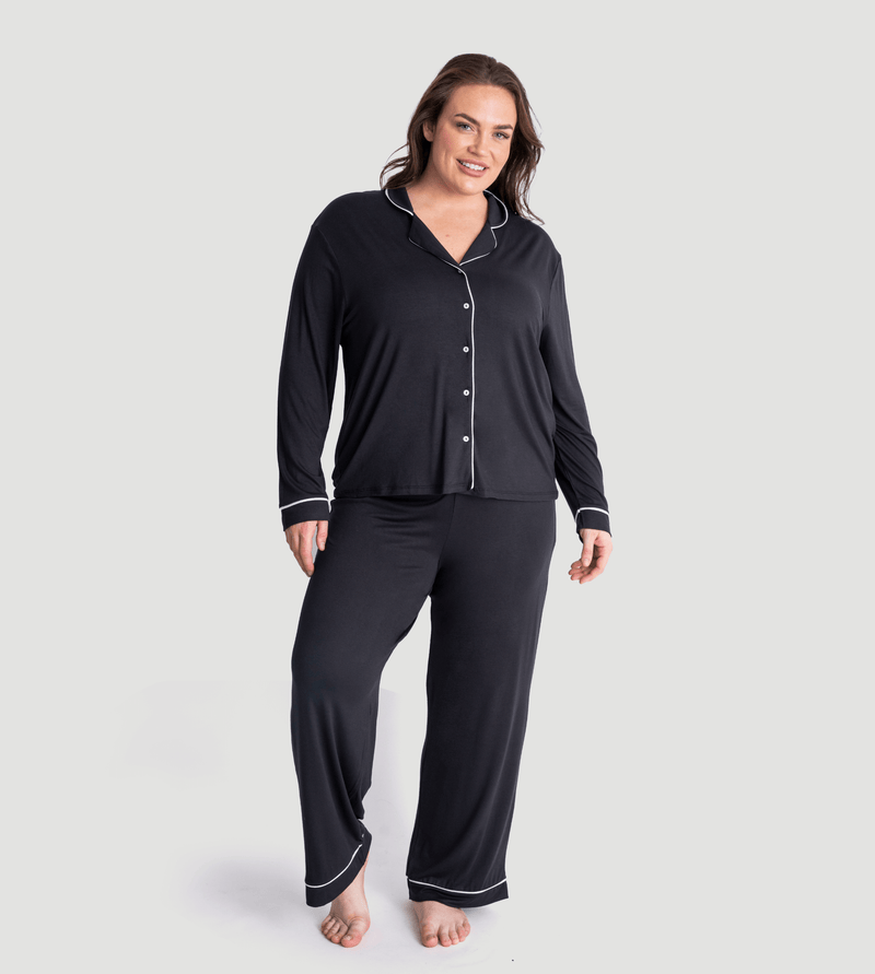 Black Oversized Jersey Piping Detail Long PJ Set