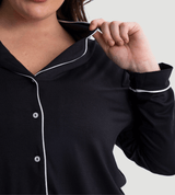 Black Oversized Jersey Piping Detail Long PJ Set