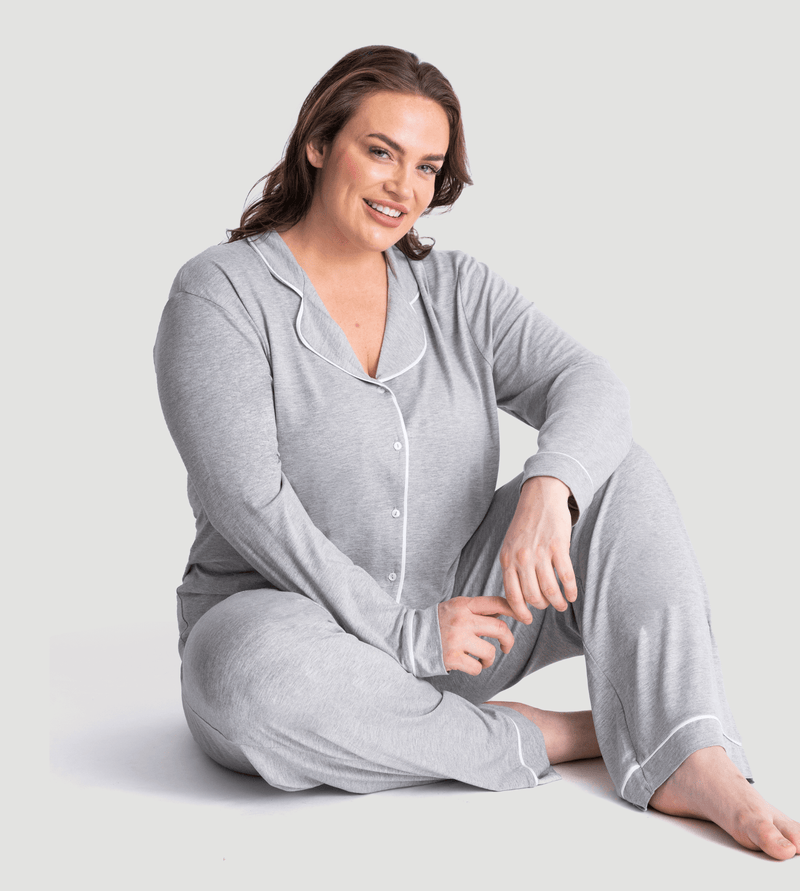 Marl Grey Oversized Jersey Piping Detail Long PJ Set