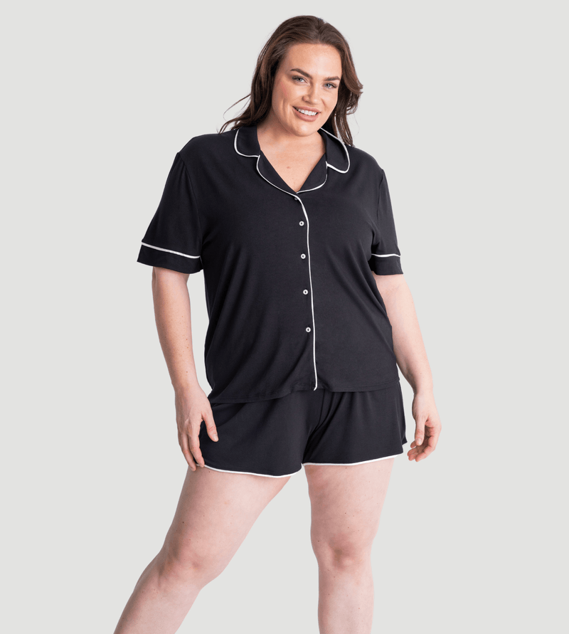 Black Oversized Jersey Piping Detail Short PJ Set