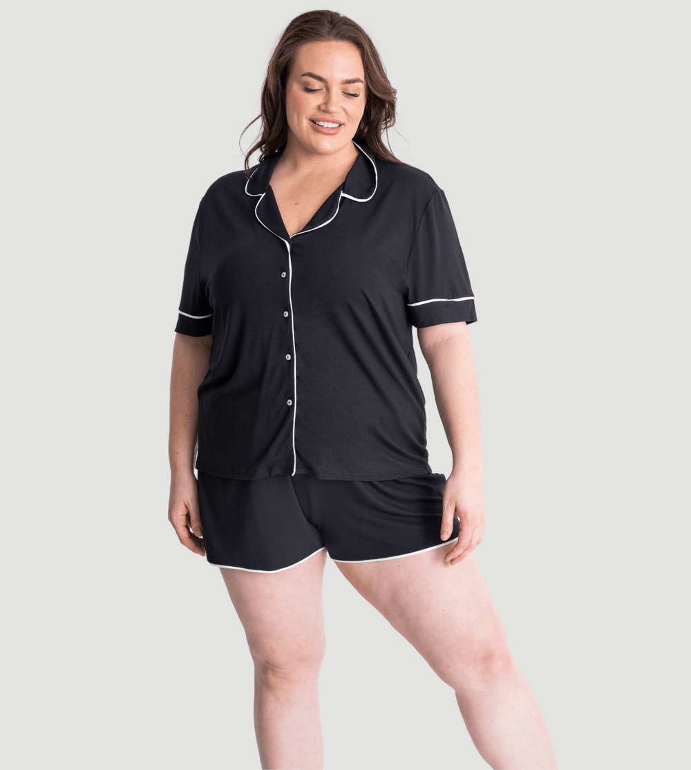 Black Oversized Jersey Piping Detail Short PJ Set