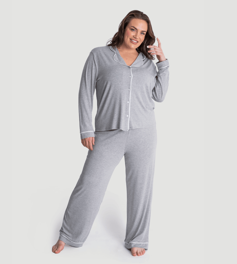 Marl Grey Oversized Jersey Piping Detail Long PJ Set