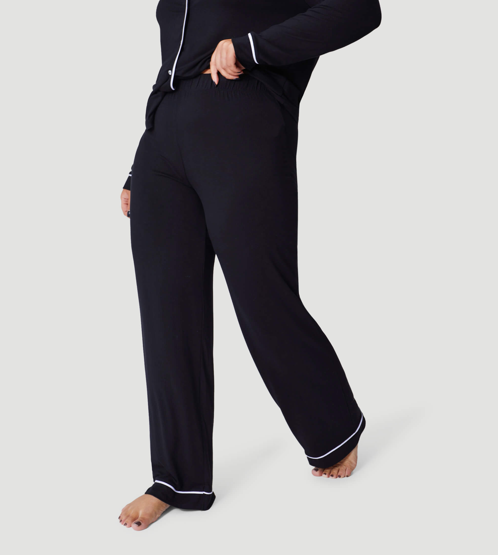 Black Oversized Jersey Piping Detail Long PJ Set