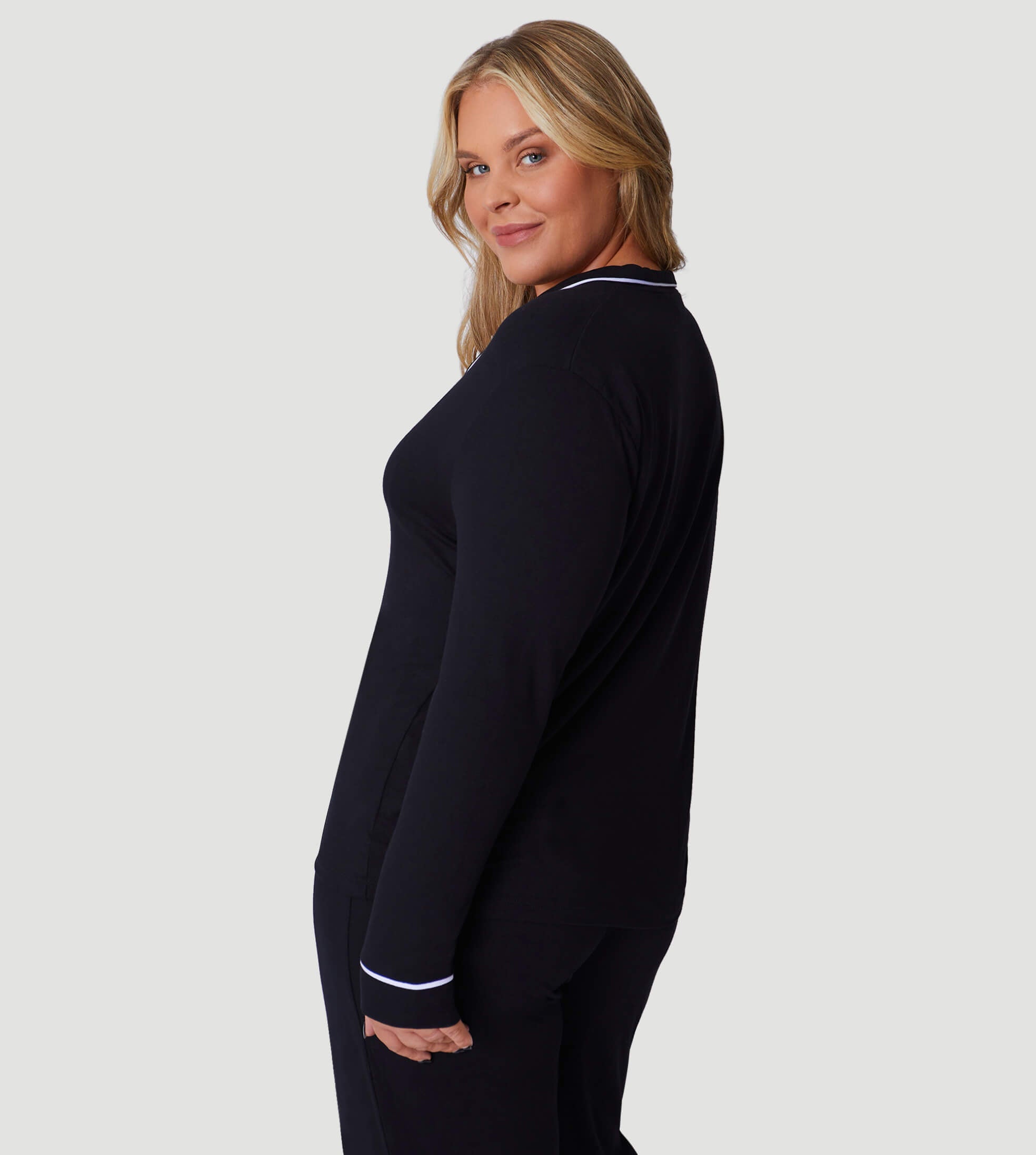 Black Oversized Jersey Piping Detail Long PJ Set