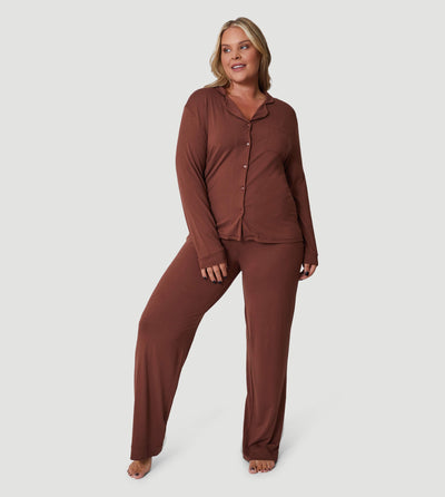 Brown Oversized Jersey Pocket Detail Long PJ Set