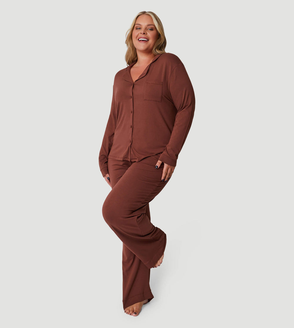 Brown Oversized Jersey Pocket Detail Long PJ Set