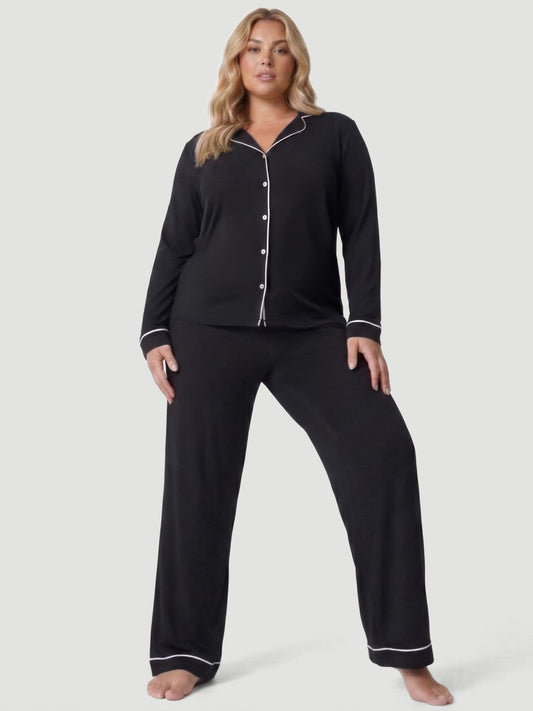 Black Oversized Jersey Piping Detail Long PJ Set