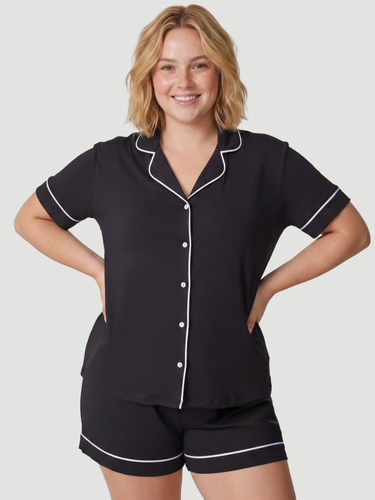 Black Oversized Jersey Piping Detail Short PJ Set
