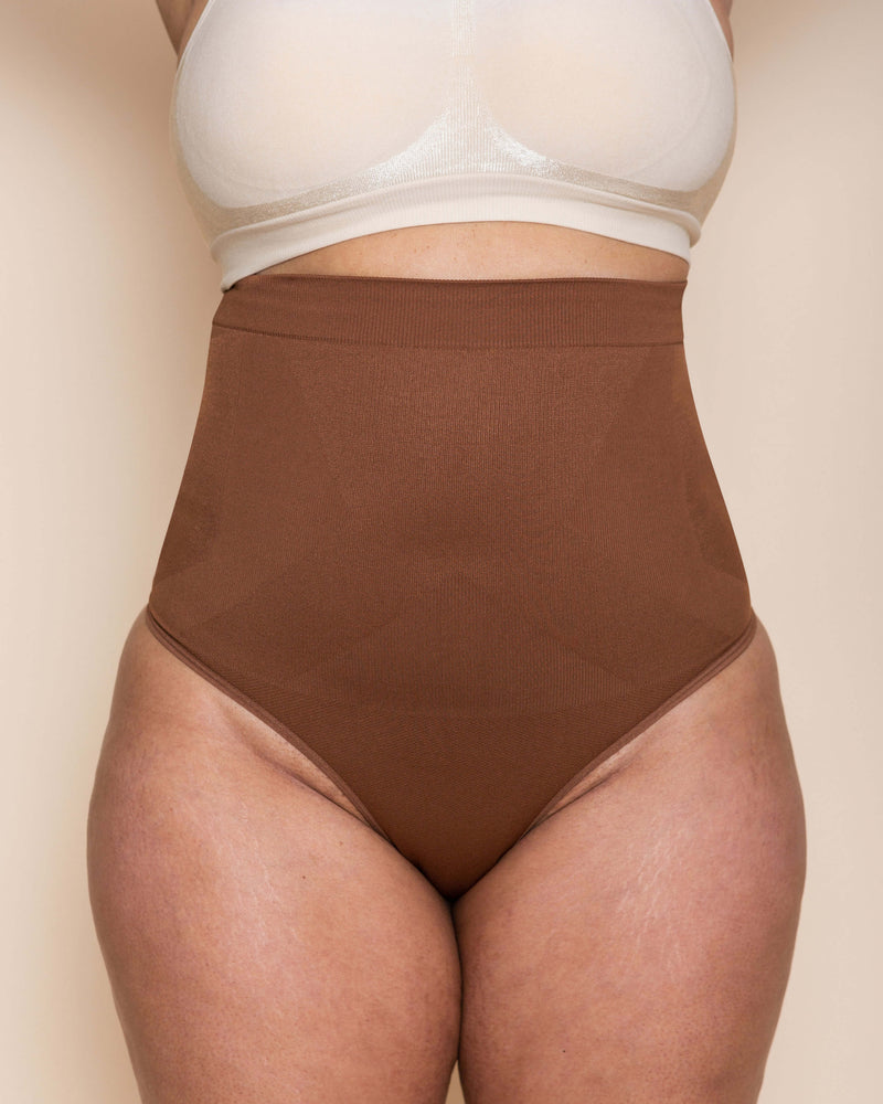 High-Waisted-Shaping-Thong-Brown-Front