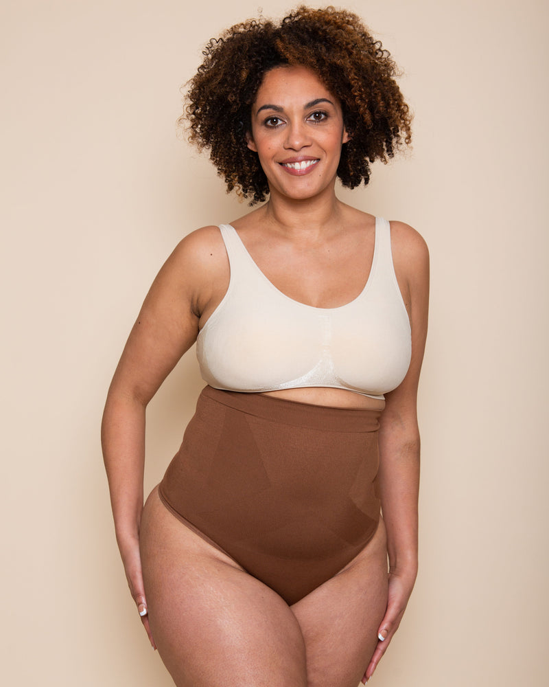 High-Waisted-Shaping-Thong-Brown-Front